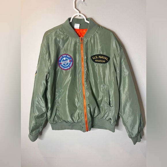 Navy Bomber men’s top gun fighter pilot patch jacket satin green size large - Picture 3 of 8